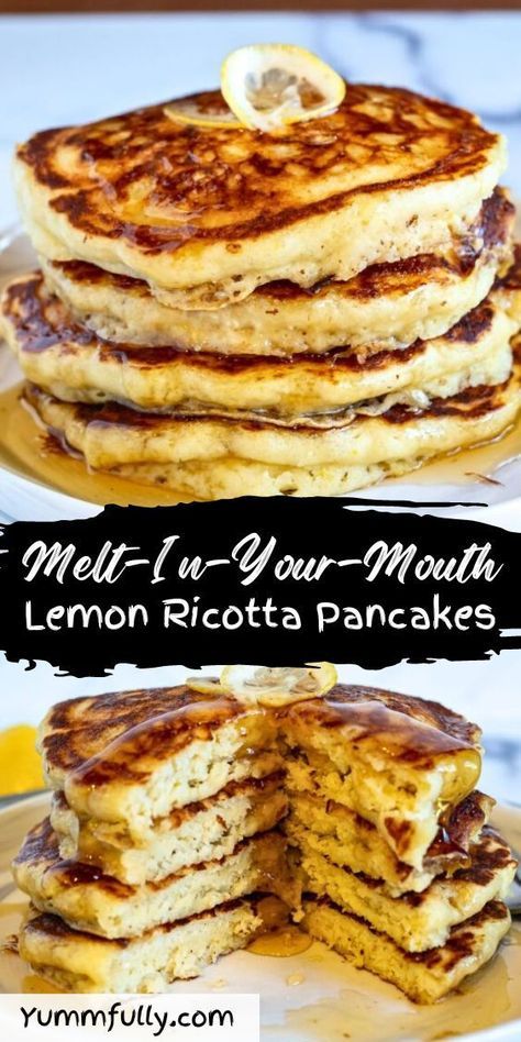 This recipe is a must-try for all pancake lovers. Lemon ricotta pancakes have a light, fluffy texture, and a burst of lemon flavor that is out-of-this-world delicious. Ricotta cheese makes these pancakes not only soft and pillowy, but also taste creamy, while lemon juice and zest give them a classic citrusy fresh flavor. Ricotta Cheese Pancakes, Fluffy Lemon Ricotta Pancakes, Recipes Using Ricotta Cheese, Lemon Ricotta Pancakes Recipe, Recipe Using Ricotta, Pancakes Ricotta, Ginger Muffins, Lemon Ricotta Pancakes, Vegan Ricotta