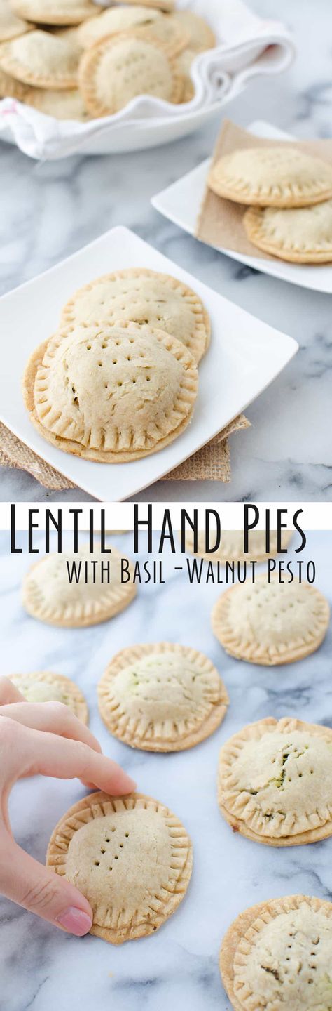 Lentil Hand Pies with Walnut Pesto! Lentil salad stuffed into homemade pie crust. Perfect for picnics, potlucks or lunches! #vegan | www.delishknowledge.com Empanada Ideas, Lentil Vegan, Savory Hand Pies, Pesto Vegan, Pesto Salad, Homemade Pie Crust, Vegan Lentil, Walnut Pesto, Hand Pie