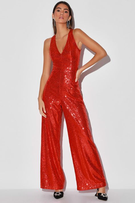 Bold Jumpsuit, Red Sequin Jumpsuit, Red Faux Fur Coat, Jumpsuit Lulus, Disco Jumpsuit, Sequin Jumpsuit, Backless Jumpsuit, Plunge Dress, Disco Outfit