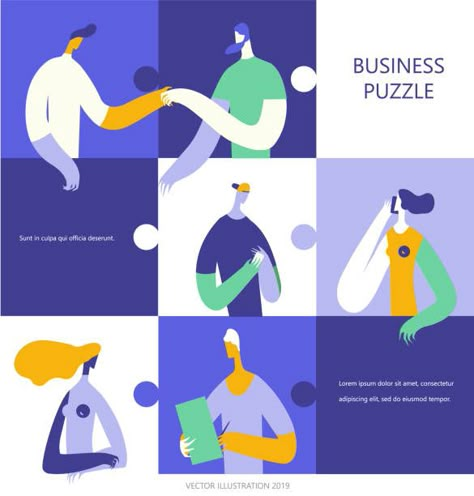 Business people in a colorful puzzle collage. Geometric People Illustration, Puzzle Design Graphic, Puzzle Illustration Design, Collage Brochure, Puzzle Graphic Design, Puzzle Collage, Geometric People, Puzzle Illustration, Puzzle Poster