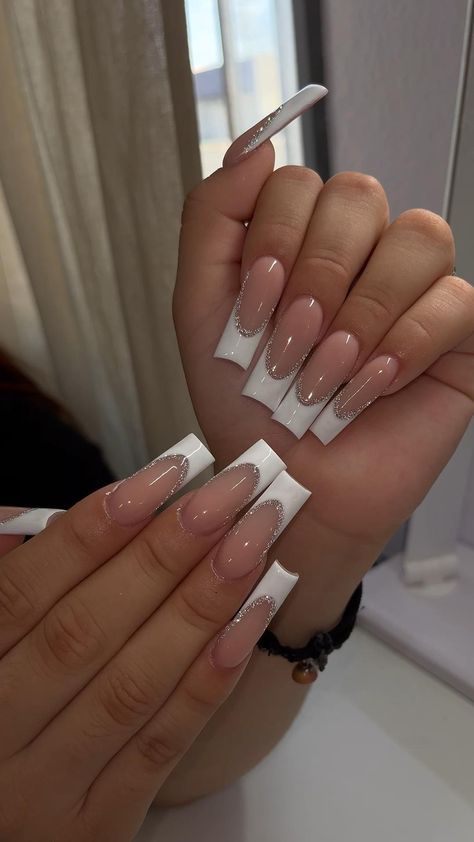 Gold Nails French, Nails French White, White Tip Nails, White And Silver Nails, White French Tip, Homecoming Nails Acrylic, White Acrylic Nails, French Tip Acrylic Nails, Long Square Acrylic Nails