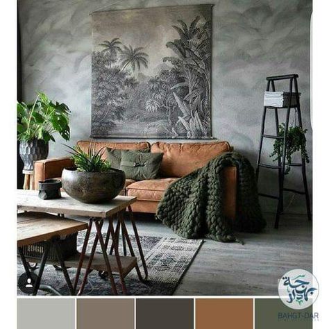 Rustic Industrial Living Room, Industrial Living Room Design, Tan Leather Sofas, Tv Fal, Palette Design, Industrial Living, Industrial Livingroom, Brown Leather Sofa, Industrial Interior Design