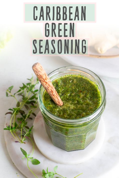 An easy Caribbean Green Seasoning recipe, including a recipe video ! This green seasoning is flavourful with an array of fresh herbs and ingredients blended to form a smooth a marinade with island inspired flavours. It's perfect for marinading fish, poultry, meat and vegetables. It's also a great addition to soups, stews, curries and slow cooking casseroles || prettydeliciouseats.com #caribbeanrecipes #caribbeanfood #greenseasoning #marinade #homemadeseasoning Green Seasoning Recipe, Caribbean Sauce, Green Seasoning, Fish Marinade, Spice Rubs, Carribean Food, Caribbean Queen, Seasoning Recipe, Caribbean Cuisine