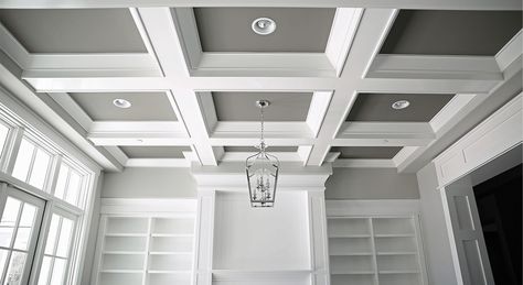 7 Ways To Upgrade Your Boring Ceiling Painted Coffered Ceiling, Coffered Ceiling Family Room, Waffle Ceiling, Coffered Ceiling Design, Box Ceiling, Ceiling Design Ideas, Ceiling Trim, Ceiling Design Living Room, Formal Living Room