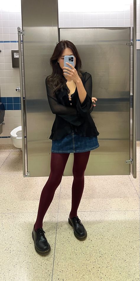 10/27/23 - listening to MAGO by gfriend Maroon Tights Outfit, Burgundy Tights Outfit, Burgundy Tights, York Outfits, Pinterest Wardrobe, Simple Outfits For School, New York Outfits, Loafers Outfit, Sock Outfits