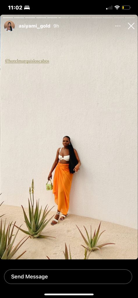 Beautiful black girl in vacation outfit Wrap Skirt Vacation Outfit, Hairstyles Vacation, Sandals Black Women, Orange Night, Cute Date Outfits, Pin Fashion, Vacation Fashion, White Bralette, Digital Marketing Social Media