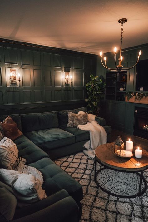 House Design Moody, Cozy Dramatic Living Room, Themes For Interior Design, Cozy Apartment Aesthetic Living Room Dark, Rustic Living Room Aesthetic, Dark Colonial Living Room, Thrifted Moody Decor, Dark Whiskey Room, Chimney Room Ideas