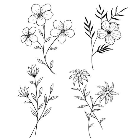 Flower Stem Drawing, Line Work Flowers, Lavender Outline, Simple Flower Doodles, Branches With Leaves, Simple Flower Drawing, Floral Doodles, Graphic Sketch, Easy Flower Drawings