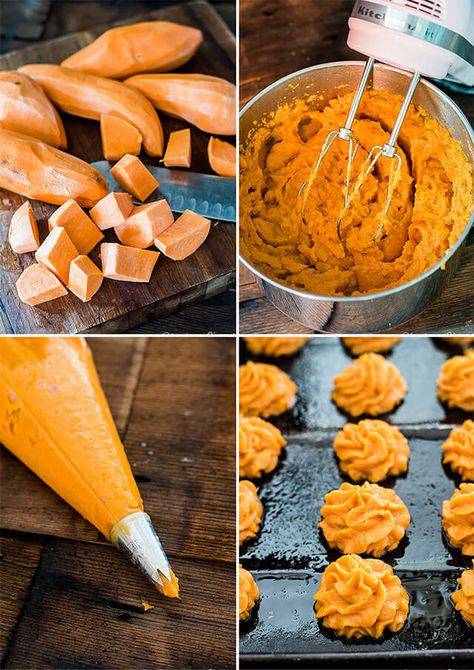 Sweet Potato Puffs Recipe, Side Dishes For Easter, Sweet Potato Puffs, Twice Baked Sweet Potato, Side Dish Ideas, Easter Feast, Twice Baked Sweet Potatoes, Potato Puffs, Sweet Potatoe Bites