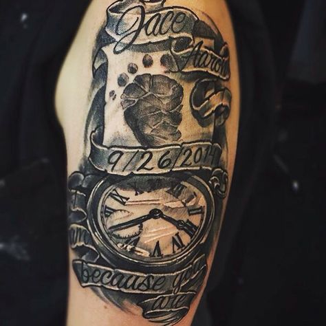 Childs name, birth date and time of birth tattoo! Black and grey, arm tattoo. Birth Tattoo, Birthdate Tattoo, Christian Sleeve Tattoo, Date Tattoos, Clock Tattoo Design, Tattoos With Kids Names, Tattoo Inspiration Men, Tattoo For Son