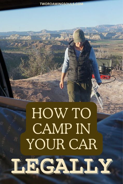 text reads: how to camp in your car legally, image is: a girl car camping Rav4 Camping, Living In A Camper, Car Camping Essentials, Sleep In Car, Sleeping In Your Car, Living In Car, Car Tent Camping, Stealth Camping, Smart Organization