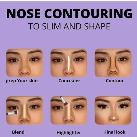 Face Contouring Makeup, Nose Contour, Bentuk Alis, Contour Tutorial, Nose Makeup, Makeup Order, Simple Makeup Tips, Makeup Face Charts, Nose Contouring