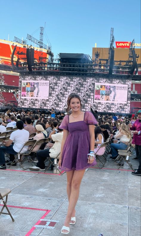 santa clara eras tour, levis stadium concert, taylor swift concert, the eras tour, floor seats stage view, taylor swift eras, fearless dress, speak now album, concert outfit idea, taylor swift costume, taylors version, purple short mini dress, purple semi formal dress, white sequin mini dress, country concert outfits, guts tour, olivia rodrigo Taylor Swift Floor Seats, Eras Tour Outfits Shorts, Eras Tour Outfits White Dress, Eras Tour Outfits Purple, Eras Tour Floor Seats, Taylor Swift Eras Fearless, Purple Concert Outfit, Eras Tour Outfits Speak Now, Speak Now Eras Tour Outfits