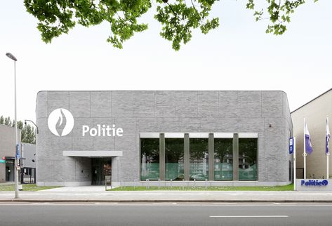 Image 1 of 30 from gallery of District Office Police / Bovenbouw. Photograph by Filip Dujardin Green Backyard, Monochrome Color Palette, Square Windows, Banks Building, Building House Plans Designs, Grey Brick, Painted Brick, Police Station, Fire Station