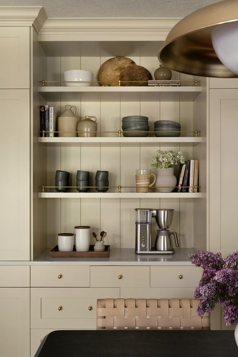 Cottonwood Kitchen Remodel - Studio McGee Beadboard Trim, No Upper Cabinets, Beige Cabinets, Shiplap Backsplash, Coffee Nook, Kitchen Cabinet Colors, Transitional Kitchen, Studio Mcgee, Upper Cabinets