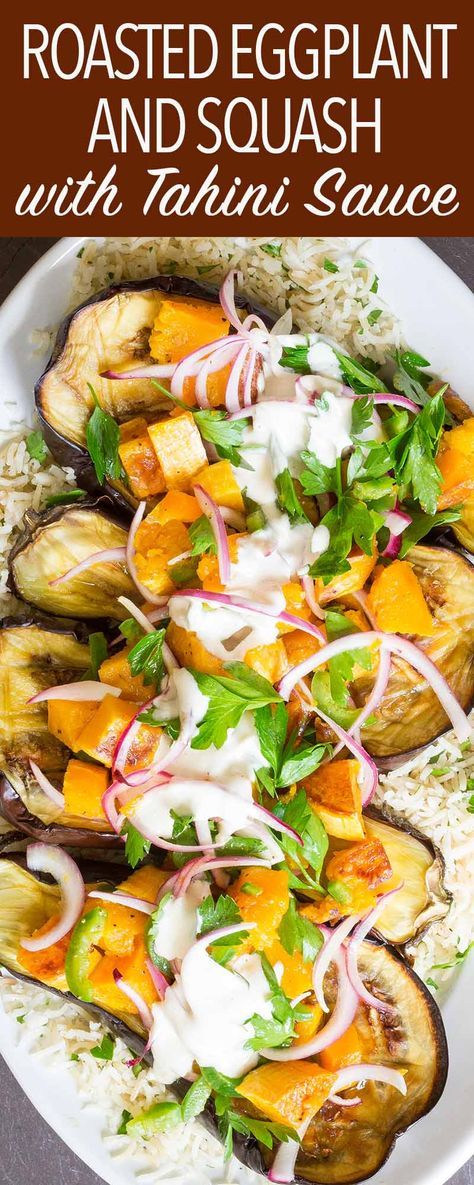 This Roasted Eggplant and Butternut Squash with Tahini-Yogurt Sauce is a fantastic vegetarian main course. Make it for the holidays or dinner parties. Roast everything on one sheet pan. Sheet Pan Eggplant, Squash Ideas, Healthyish Recipes, Vegetarian Roast, Vegetarian Main Course, Cheap Clean Eating, Eggplant Dishes, Meatless Recipes, Roasted Eggplant