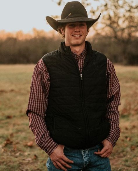 Western Vest Outfit Men, Country Summer Outfits Men, Tan Cowboy Hat Outfit, Formal Country Outfit Men, Country Vest Outfit, Country Mens Outfits, Cowboys With Mullets, Mens Country Outfits, Country Boy Senior Pictures