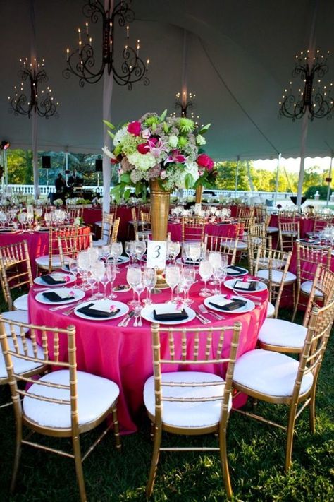 Pink Tablecloth, Black Napkins, Hot Pink Weddings, Beach Wedding Flowers, Pink And Gold Wedding, Tall Centerpieces, Pink Table, Wedding Reception Tables, Diy Wedding Flowers