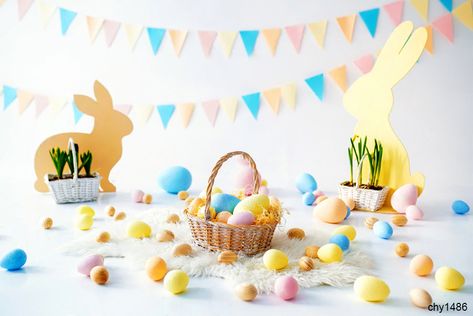 LEVOO Photography Backdrop Easter Eggs Bunnies Baskets Room Decor Photographic Background Photophone Photo Studio Dropshipping Easter Backdrop, Photographic Background, Spring Easter Eggs, Easter Photography, Easter Photoshoot, Easter Backdrops, Colorful Eggs, Easter Egg Basket, Muslin Backdrops