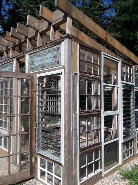 Repurposed Window Greenhouse, Reclaimed Greenhouse, Cabin Greenhouse, Window Sunroom, Greenhouse Windows, Greenhouse Window, Window Greenhouse, Conservatory Windows, Shed Makeover