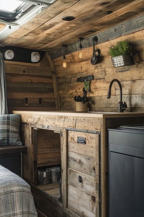 29+ Rustic-Industrial Camper Van Conversions: Blending Nature with Urban Edge  Move aside worn-out RVs — today's travelers crave a dose of chic coolness. Breathless and beguiling, rustic-industrial camper van conversions are roaring onto the open road. This delectable fusion between Earth's gentle rawness and the rebellious charm of urban aesthetics is a game-changer in the nomadic lifestyle, shaking up everything…  Read more: https://tastyinteriors.com/29-rustic-industrial-camper-van-conversions-blending-nature-with-urban-edge/ Van Interior Aesthetic, Minivan Conversion, Skoolie Ideas, Van Interiors, Camper Van Conversions, Travel Trailer Decor, Nomadic Lifestyle, Van Storage, Trailer Decor