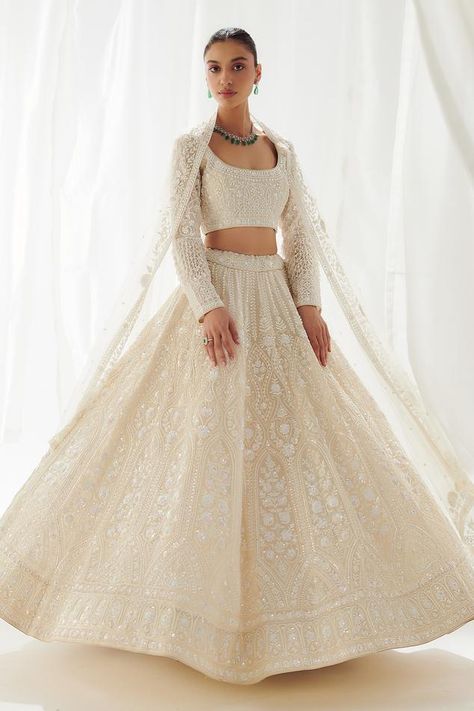 Of White Lehenga, Lengha Long Sleeve, White Sequin Lehenga, White Pearl Lehenga, Ivory Wedding Lehenga, Offwhite Lehenga Combination, Long Sleeve Bridal Lehenga, White Sari Wedding, White Lehenga Bridal