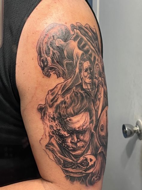 Michael Myers, Pumpkinhead, Sam from Trick R Treat Micheal Myers Tattoo, On Fire Tattoo, Michael Myers Tattoo, Myers Tattoo, Horror Movie Tattoos, Movie Tattoos, Fire Tattoo, Trick R Treat, Beautiful Body