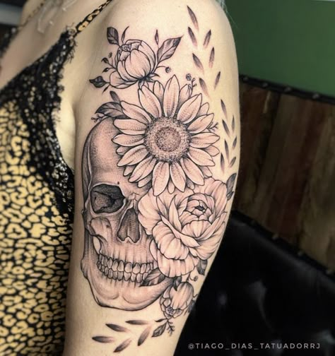 Sunflower And Skull Tattoo Half Sleeves, Sunflower And Skull Tattoo, Skull And Sunflower Tattoo, Sunflower Skull Tattoo, Flower And Skull Tattoos, Skull With Sunflowers, Floral Skull Tattoos, Candy Skull Tattoo, Orchid Tattoo