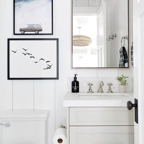 Our favorite design element in our #threearchbayproject guest bathroom has to be the custom vertical shiplap. Not only does it add texture to the space but helps to make this guest bathroom feel just as special as the master 😊 // 📷: @jessicajalexander #Regram via @www.instagram.com/p/CE72pVvAbj5/ Pure Salt Bathroom, Pure Salt Interiors Bathroom, Pure White Bathroom, Neutral Bathrooms, Salt Interiors, Boy Bathroom, Pure Salt Interiors, Pure Salt, Cottage Bathroom