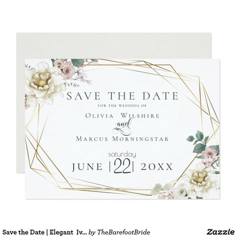 Save the Date | Elegant Ivory and Blush Floral Invitation WEDDING Save The Date | Geometric gold diamond terrarium shapes with ivory and blush peonies and off white magnolias - a gold geometric multi faceted terrarium style frame adorned with greenery and floral bouquets. ❤ Affiliate ad link. Fun wedding invites. Customize these invitations / products for your weddings. #invitations #invites #weddings Pink Save The Date, Blush Save The Dates, Rustic Wedding Save The Dates, Wedding Watercolor, Wedding Stationery Suite, Rose Wedding Invitations, Dusty Rose Wedding, Floral Save The Dates, Rose Blush