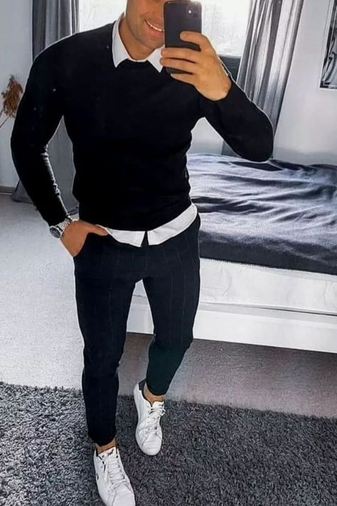 Great black sweater in combo with white shirt and navy pants! Mens Outfits Casual, Casual Mens Fashion, Men's Smart Casual, Good Outfits, Smart Casual Menswear, Mens Business Casual Outfits, Mens Fashion Blazer, Mens Casual Outfits Summer, Men Fashion Casual Shirts