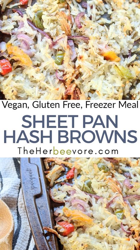 These sheet pan hash browns are a quick and delicious breakfast or brunch side: made with potatoes, onion, garlic, pepper, & spices. Vegan and gluten free brunch ideas for a crowd! Great served up with some fresh sourdough toast and a tall glass of orange juice, best Whole30 breakfast recipes! #whole30 #vegan #glutenfree #potatoes #vegetarian #hashbrowns #breakfast #brunch #recipes #recipe #cooking #diy #veganuary #sheetpanmeals #healthy Whole 30 Hashbrown Casserole, Vegan Hashbrown Breakfast, Gf Df Brunch Recipes, Gf Brunch Recipes, Vegan Sheet Pan Breakfast, Vegan Hashbrown Recipes, Vegan Breakfast For A Crowd, Vegetarian Brunch Recipes For A Crowd, Gluten Free Brunch Ideas For A Crowd