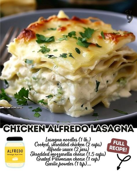 Mouthwatering Recipes | This recipe was such a hit, everyone came back for seconds | Facebook Chicken Alfredo Lasagna Recipe, Lasagna Easy, Chicken Alfredo Lasagna, Alfredo Lasagna, Chicken With Italian Seasoning, Easy Family Recipes, Lasagna Ingredients, Delicious Family Meals, Chicken Lasagna