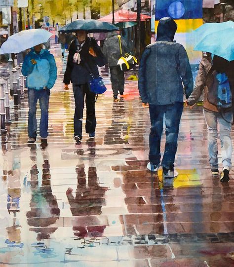 Christopher St. Leger | Slicker People Paintings, Watercolor And Acrylic, Rain Painting, Rain Art, Umbrella Art, City Scape, Pastel Landscape, Ink And Watercolor, Painting People