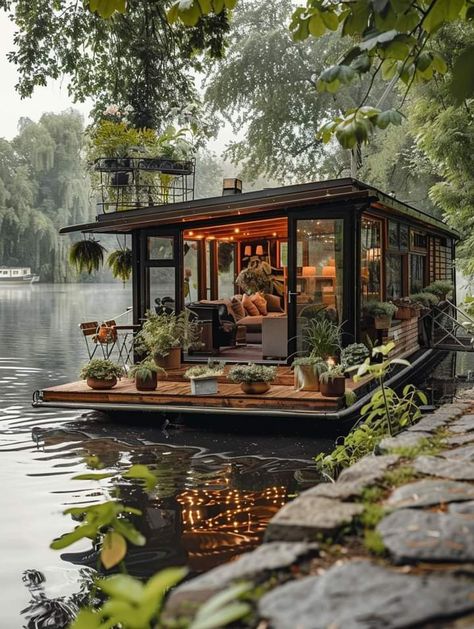 Small Houseboats, Houseboat Living, Tiny House Village, Decoration Restaurant, Boat House, Tiny House Decor, Floating House, Tiny House Cabin, Fantasy House