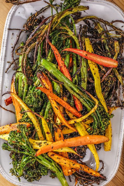 Rachael Ray's Roasted Broccolini and Baby Carrots Roasted Broccolini And Carrots, Asparagus And Broccolini Recipes, Roasted Brocolli And Carrots, Brocolini Recipes Salad, Brocolli Thanksgiving Side, Brocolini Recipes Roasted, Brocollini Recipes Roasted, Brocolini Recipes Oven, December Food Ideas