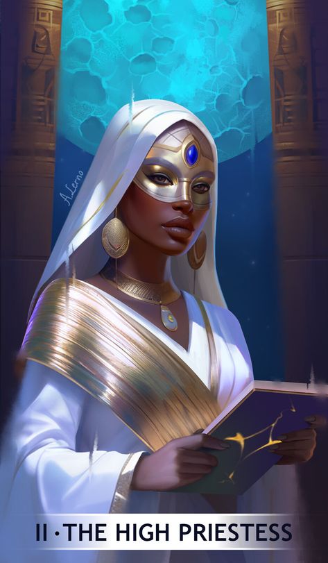 tarot card - II THE High priestess, Anastasia Lerno on ArtStation at https://www.artstation.com/artwork/lx4qqJ Priestess Character Design, High Priestess Art, Priestess Art, Female Wizard, Astro Tarot, The High Priestess, High Priestess, Modern Witch, Ancient Egyptian Art