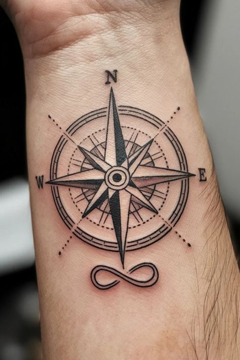 Compass tattoo with infinity symbol beneath on a wrist. Compass Tattoo Design Woman, Compass Wrist Tattoo, A Compass Tattoo, Compas Tattoo, Small Compass Tattoo, Tattoo Ideas For Females, Compass Tattoos, Creative Tattoo Ideas, Wrist Tattoo Ideas