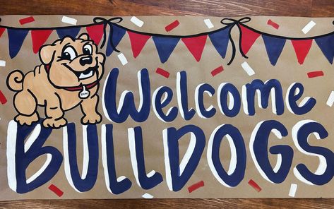 Two back to school banners shipped out! Hope you enjoy your banners bulldogs & panthers! 💕 #paintedbanner #backtoschool #customart #handpainted #personalizedbanner Pep Rally Banner Ideas, Spirit Banners Ideas, School Spirit Decor, Homecoming Banners Football, School Spirit Decorations, School Spirit Signs, Painted Banner Ideas, Gameday Banner, Game Day Sign