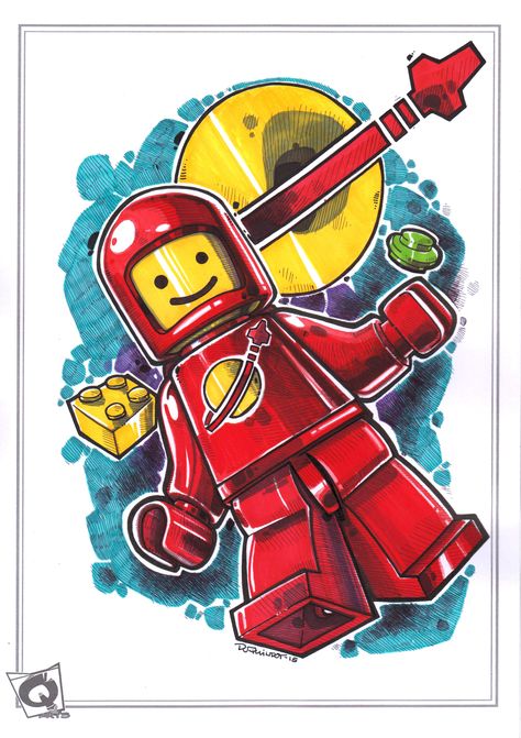 Classic Lego Spaceman Commission Lego Spaceman, Lego Drawing, Lego Painting, Lego Tattoo, Denim Painting, Lego Coloring, Lego Coloring Pages, Pokémon Art, Classic Lego