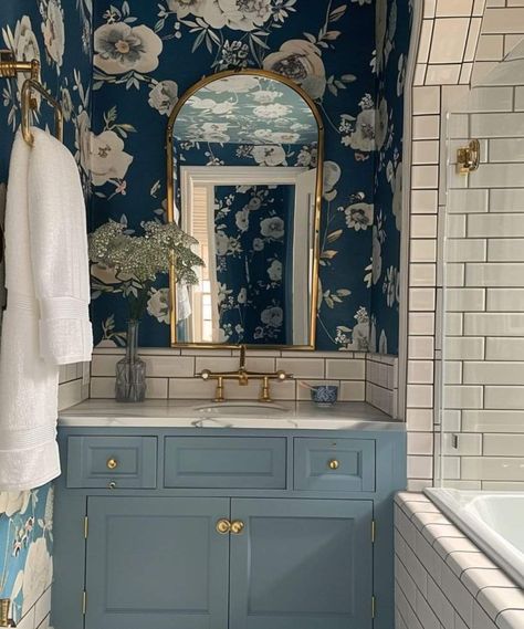 Bathroom Blue Vanity, Blue Powder Rooms, Blue Powder Room, Marble Vessel Sink, Bathroom Blue, Wallpaper Bathroom, Blue Vanity, Wallpaper Inspiration, Powder Room Design