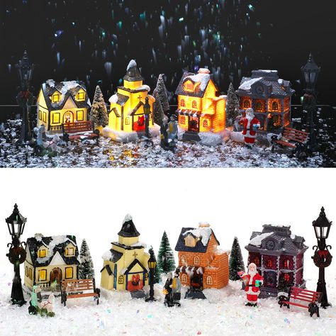 PRICES MAY VARY. A Nice Combination: you will get 17 pieces of Christmas village accessories, including 4 Christmas villages, 4 Xmas trees, 2 Christmas couples, 1 Santa, 3 streetlamps, 2 mini park benches, 1 pack of fake snowflake decorations with 1 spare battery case, a reasonable combination can meet your decoration needs easily Built to Long Last: the lighted Christmas village set is formed by quality ABS resin with electronic components (powered by 2 batteries, not included), has no bad smel Mini Christmas Town, Winter Village Display, Mini Christmas Village, Christmas Tree Village, Christmas Village Sets, Park Benches, Christmas Village Accessories, Christmas Village Houses, Christmas Village Display