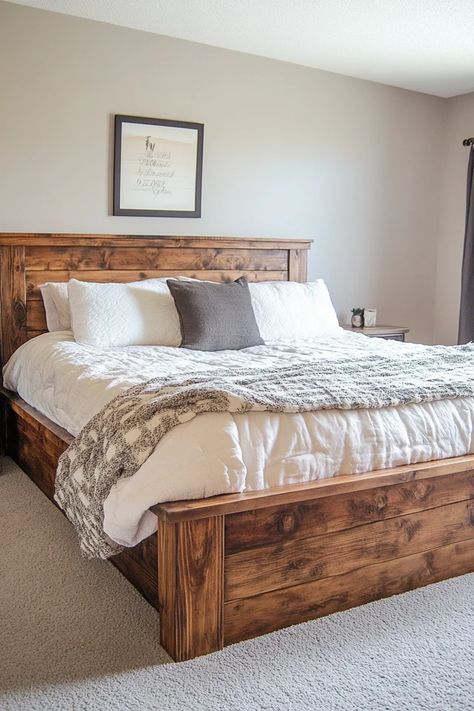 "Get the farmhouse look with a DIY Bed Frame! 🛠️🛏️ Perfect for creating a cozy, classic bedroom. #FarmhouseBedroomDIY #DIYFurniture #HomeMakeover" Simple Full Size Bed Frame Diy, Rustic Farmhouse Bed Frame, Wood Pallet Bed Frame Diy, Double Bed Frame Diy, Diy Bed Frame Headboard, Simple King Bed Frame Diy, Diy Footboard For Bed, Adjustable Bed Frame Ideas Diy, Bed Frame Diy Queen