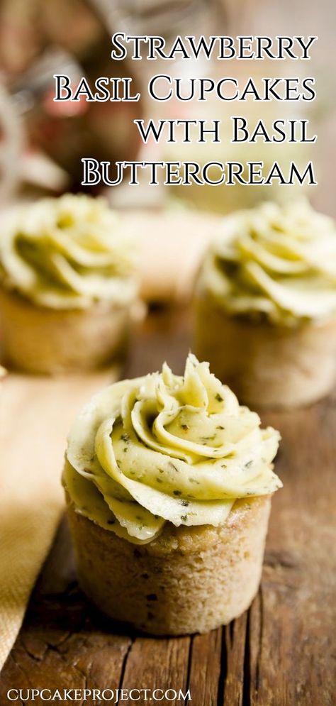 These strawberry basil cupcakes are made with food-processed fresh strawberries, and basil sugar is used instead of plain sugar to give the cupcakes a more vibrant taste. Visit cupcakeproject.com for more sweet and savory baked goods! Easy Strawberry Cupcakes, Basil Buttercream, Homemade Strawberry Cupcakes, Savory Baked Goods, Wine Cupcakes, Desserts Cupcakes, Fun Cupcake Recipes, Strawberry Basil, Candy Ideas