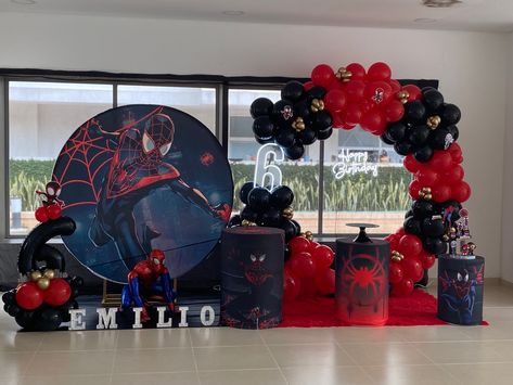 Miles Morales Birthday Backdrop, Miles Morales Balloon Garland, Miles Morales Theme Party, Black Spiderman Birthday Party, Miles Morales Birthday Party Decorations, Spiderman Balloon Arch, Miles Morales Party Ideas, Spiderverse Birthday Party, Spider Verse Party