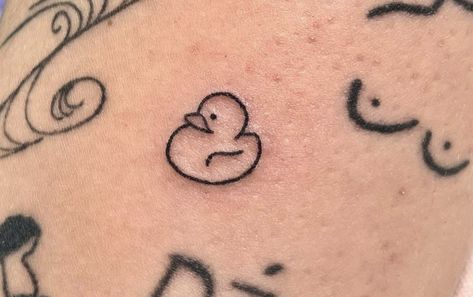 Simple Duck Tattoo Cute, Small Rubber Duck Tattoo, Mini Duck Tattoo, Duck Feet Tattoo, Chicken Nugget Tattoo, Little Duck Tattoo, Duckling Tattoo, Rubber Duck Tattoo, Stethoscope Tattoo