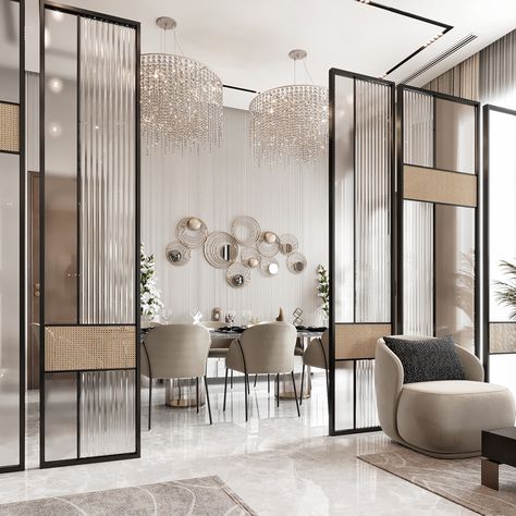 Luxury Majlis on Behance Glass Partion Design Interiors, Partion Glass Designs, Partition Between Living And Dining Modern Luxury, Glass Partition Wall Living Room, Partions Design Interiors, Modern Luxury Partition Design, Partition Designs Modern, Luxury Partition Design, Interior Partition Design