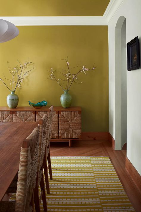 Ocre Wall Paint, Chartreuse Wall Color, Chartreuse Dining Room, 2023 Paint Color Trends, Wall Painting Colors, Gloss Ceiling, Savannah Green, 2023 Color Trends, Raspberry Blush