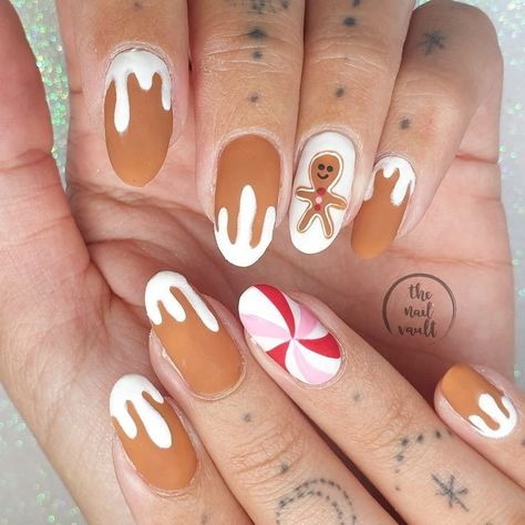 Ginger Nails Design, Ginger Bread Nails Design, Candyland Nails, Megan Nails, Gingerbread Nail Art, Fairy Treats, Brown Icing, Gingerbread Nails, Cookies Thanksgiving