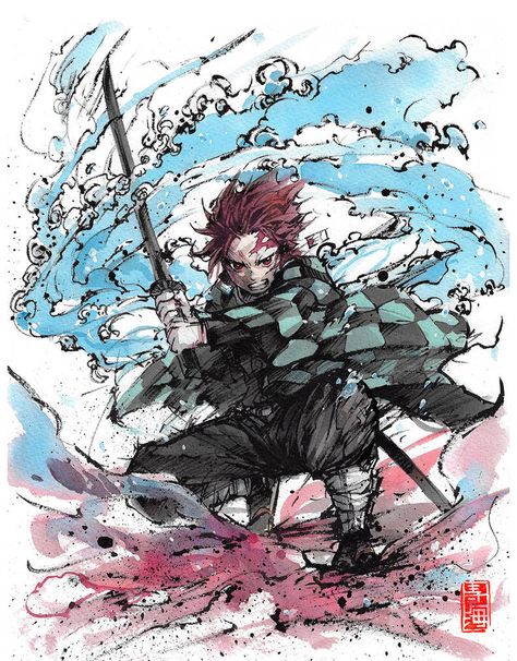 Tanjiro ink and watercolor by MyCKs on DeviantArt The Movie Theater, Anime Lineart, Ink Splatter, Ink And Watercolor, Fantasy Collection, Anime Character Drawing, Anime Angel, So Nice, Movie Theater